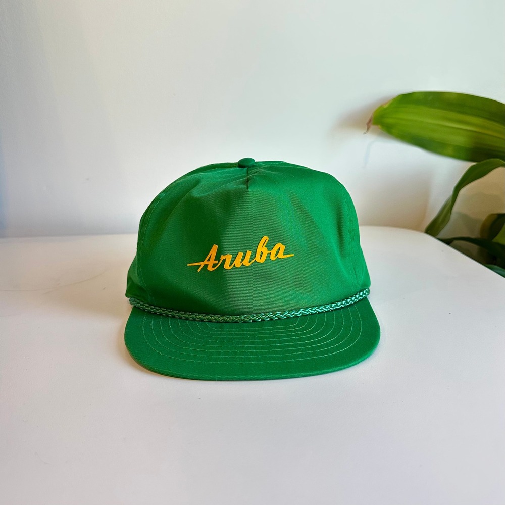 Vintage Aruba Souvenir Snapback Hat Green Yellow Script Nissin Cap Mens Rope Rim